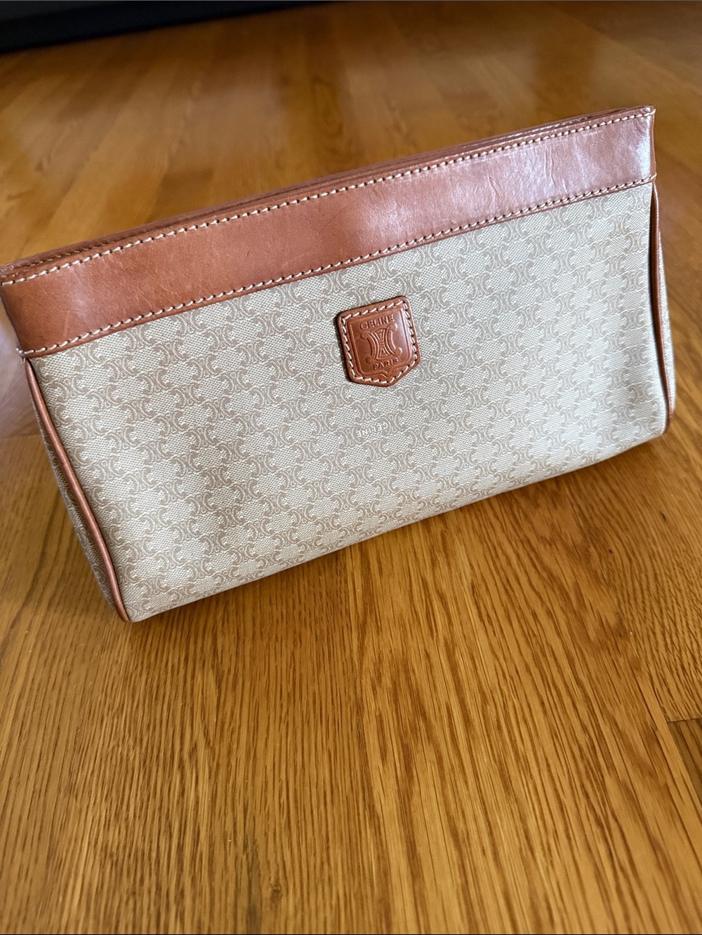 EUC Celine Beige Canvas and Brown Leather Trim Clutch